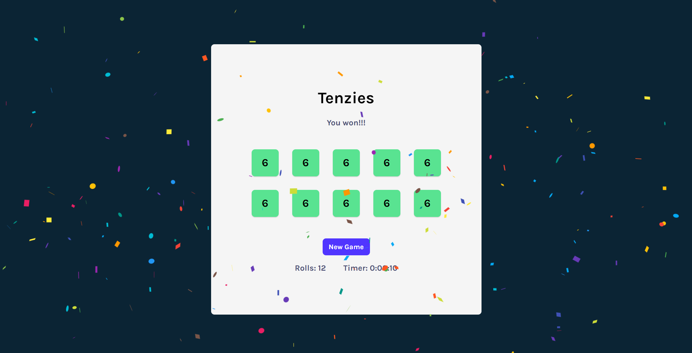 landing page of a tenzies game built with React
